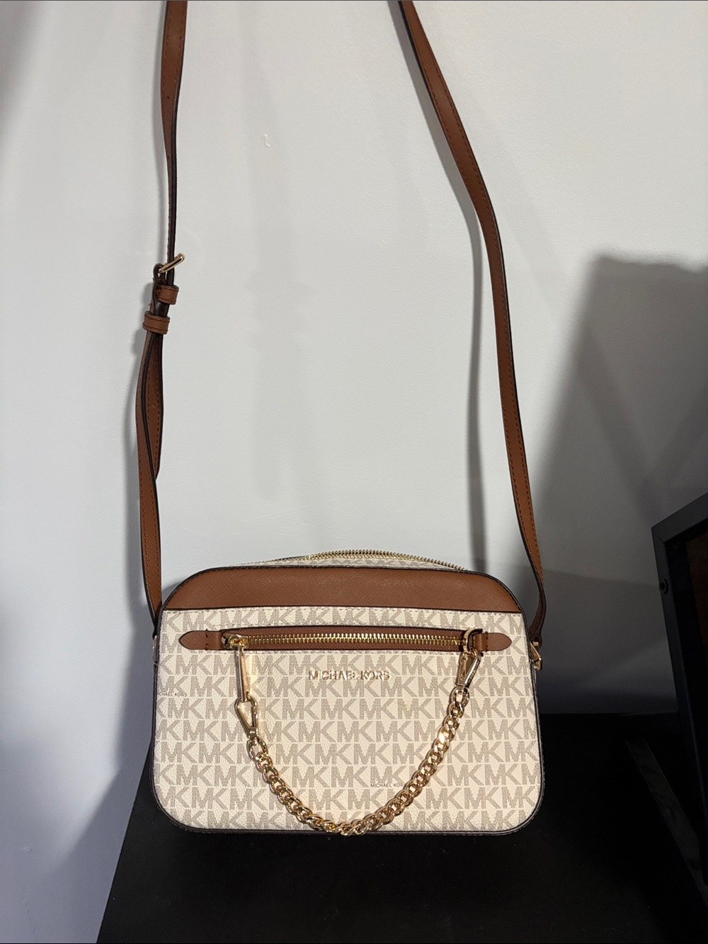 Michael Kors Cream & Brown MK Signature Crossbody with Gold Chain